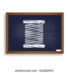 Thread sign illustration. White chalk icon on blue school board with shadow as background. Isolated.