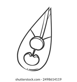 Thread snips line icon. Hand drawn retro embroidery scissors with short blades to cut thread with accuracy, sharp cutter. Needlework mascot, outline knitting and sewing tool icon vector illustration