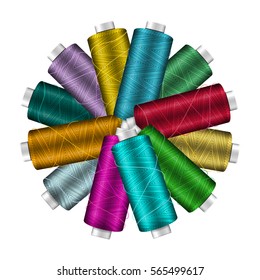 Thread Spool Banner Circle Border. Place For Text. Stock Vector Illustration Of Yarn Or Cotton Bobbin Reel. Isolated On White Background