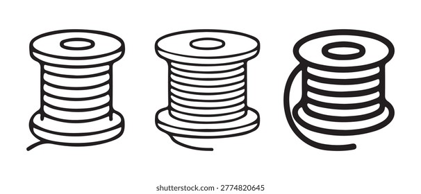 Thread Spool Icon Set with Three Black Outline Sewing Designs.