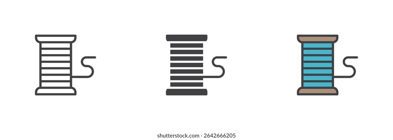 Ícone de spool de thread mostrado nos estilos de contorno, sólido e preenchido colorido. O ícone representa linhas de costura, artesanato têxtil e confecção de roupas. Símbolo essencial de costura vetorial.