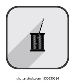 Thread spool and needle - black vector icon  with long shadow