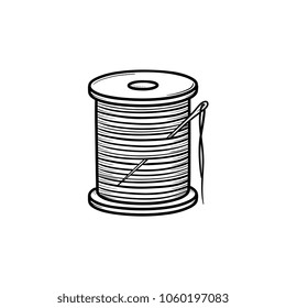 Thread spool with needle hand drawn outline doodle icon. Cotton thread and needle vector sketch illustration for print, web, mobile and infographics isolated on white background.