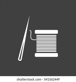 Thread spool and needle icon flat. Vector white illustration isolated on black background. Flat symbol