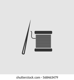 Thread spool and needle icon flat. Black pictogram on grey background. Vector illustration symbol