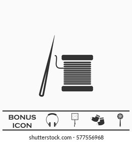 Thread spool and needle icon flat. Black pictogram on white background. Vector illustration symbol and bonus button