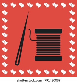 Thread spool and needle icon flat. Simple black pictogram on red background with white hearts for valentines day. Vector illustration symbol