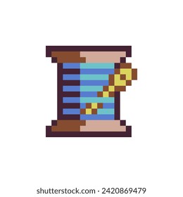 Thread spool and needle. Pixel art abstract icon. Tailor shop and sewing symbol. 8-bit. Isolated vector illustration.