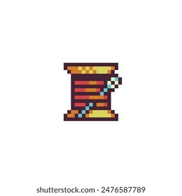 Thread spool and needle. Pixel art abstract icon. Tailor shop and sewing symbol. 8-bit. Isolated vector illustration.