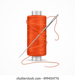 Thread Spool Red. Reel and Needle. Vector illustration of yarn or Cotton Bobbin on white background closeup isolated