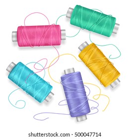 Thread Spool Set Background for Needlework and Needlecraft. Vector illustration of yarn or Cotton Bobbin Reels on white background closeup isolated