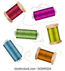 Thread Spool Set Background. For Needlework And Needlecraft. Stock Vector Illustration Of Yarn Or Cotton Bobbin Reels. Isolated On White Background