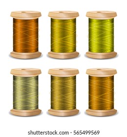 Thread Spool Set. Bright Old Wooden Thread Spool Bobbin. Isolated On White Background For Needlework And Needlecraft. Stock Vector Illustration
