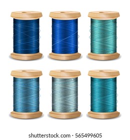 Thread Spool Set. Bright Old Wooden Thread Spool Bobbin. Isolated On White Background For Needlework And Needlecraft. Stock Vector Illustration