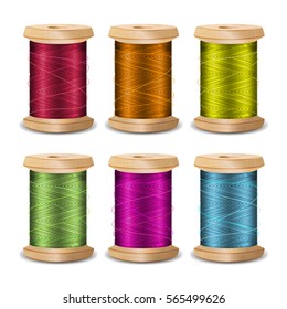 Thread Spool Set. Bright Old Wooden Thread Spool Bobbin. Isolated On White Background For Needlework And Needlecraft. Stock Vector Illustration