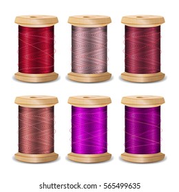 Thread Spool Set. Bright Old Wooden Thread Spool Bobbin. Isolated On White Background For Needlework And Needlecraft. Stock Vector Illustration