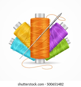 Thread Spool Set. Colorful Plastic Bobbin. Vector Illustration Of Yarn Or Cotton Reel On White Background Closeup Isolated