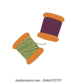 Thread spool for sewing. Needlework, needlecraft supplies, tools. Reels, strings for tailoring craft. Bobbins for repair, handwork, handicraft. Flat vector illustration isolated on white background