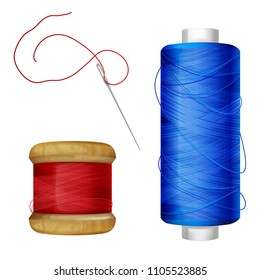 Thread spool vector illustration on sewing tools. Blue and red thread on wooden and plastic spool with needle for tailoring and needlework supplies