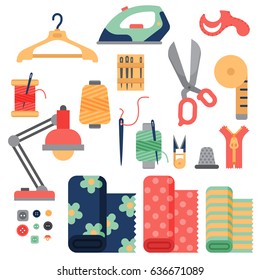 Thread supplies accessories sewing equipment tailoring fashion pin craft needlework vector illustration.