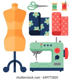 Thread supplies accessories sewing equipment tailoring fashion pin craft needlework vector illustration.