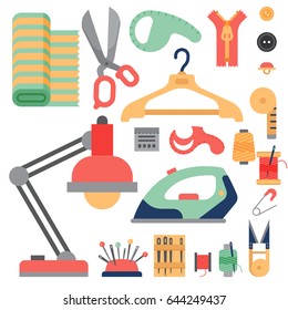Thread supplies accessories sewing equipment tailoring fashion pin craft needlework vector illustration.