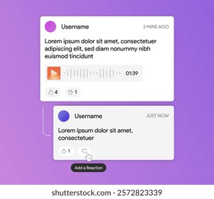 Thread template. Message and reply user interface. Text blog publication. Social media post with voice record. Play audio clip in chat. Blogging communication. Vector illustration design.