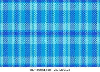 Thread texture check pattern, fashion vector background fabric. Page textile tartan seamless plaid in cyan and blue colors palette.