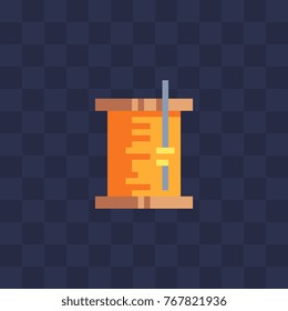 Thread yellow spool and needle. Pixel art abstract icon. Tailor shop and sewing symbol. 8-bit. Isolated vector illustration.
