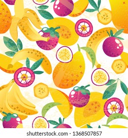 Threadbare seamless pattern with exotic fruits, whole and sliced. Hand drawn vector tropical illustration on white background. Mango, banana, mangosteen, passion fruit and leaves.