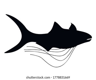 Threadfin. Sea fish. Black and white hand drawn vector silhouette illustration.