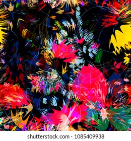 Threads and blots. Colorful seamless texture with black backdrop. Abstract vector background for web page, banners backdrop, fabric, home decor, wrapping