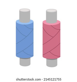 The threads are blue and pink in a coil, isolated on a white background.Vector illustration can be used in sewing designs.