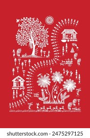 In: Threads of Community: A Captivating Warli Tapestry - Harmony in the Village. Warli Kunst, ländliche Lebensmalerei Indien, indische Stammeskunst, Warli Dorfszene, Warli.