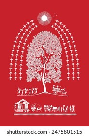 Threads of Harmony: A Captivating Warli Tapestry - Village Life Flourishes. Warli art, Rural life painting India, Indian tribal art, Warli village scene, Warli.