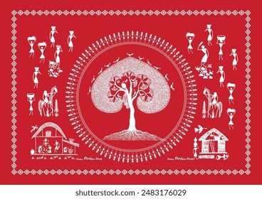 Threads of Harmony: A Captivating Warli Tapestry - Daily Life in the Village. Tree Warli art, Rural life painting India, Indian tribal art, Warli village scene, Warli. 