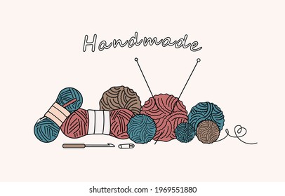 Threads and knitting needles. Balls and skeins of wool. Vector graphics. Isolated background.