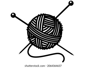 Threads and knitting needles - Knitting kit. Ball of yarn for knitting and knitting needles - vector silhouette illustration for logo or pictogram. Round ball of yarn with stuck-in needles for sign 