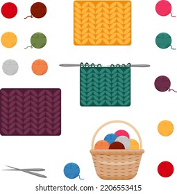 Threads and knitting needles. A set of multicolored woolen threads and knitting needles for hobby knitting. Knitted products. Threads, knitting needles, wool knitwear, basket. Vector illustration.