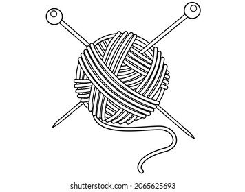 Threads and knitting needles - Knitting set - vector linear illustration for coloring, logo or pictogram. A round ball of yarn with stuck-in needles for a sign or icon. Outline