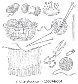 Threads and knitting tools, needles and pins, sewing and cross stitching isolated sketches vector. Woolen knitwear and yarn, scissors and hook. Hand drawn equipment to knit, handmade knitwear