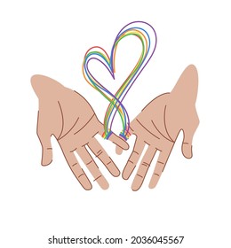 Threads in LGBT colors connects the hands of lovers. Soulmates hold on to their little fingers. Сolorful threads  in the shape of a heart. Two hands are connected by strings in lgbt flag colors.