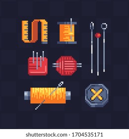 Threads and needles pixel art icons set, measuring tape, knitting, button. Isolated vector illustration. Game assets 8-bit sprite. Design for stickers, web, mobile app.