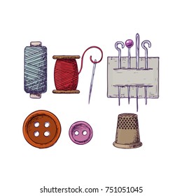 Threads, needles, thimble and buttons, colorful sketch illustration of accessories for sewing. Vector