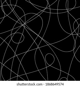 Threads. Seamless pattern with white continuous lines on a black isolated background. Abstract minimalistic print. Great for fabric, wallpaper, textile, wrapping.