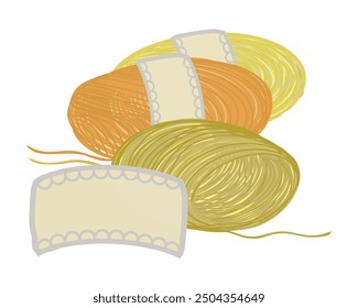 Threads, a set of yarn for knitting, labels on skeins, space for text, color drawing for design, advertising