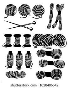 Threads for sewing for cross stitching set tools for sewing knitting needles vector wool knitwear yarn thread knitting weaving wool vector cartoon illustration black silhouette.