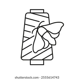 Threads with the a silkworm butterfly near. The symbol of silk fabric, natural fiber. Editable strokes linear illustration.