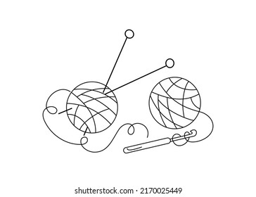 Threads in a skein. Set vector icon. Handmade. Doodle style. Items and tools for knitting and needlework. Vector illustration. Isolated white background.