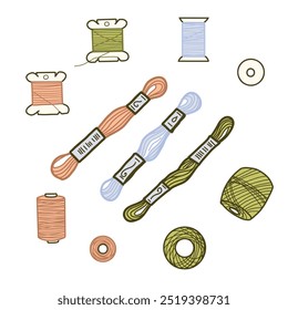 Fios e carretéis para costura e bordados, tricô ou Macrame. Ilustração Vetor colorido desenhado à mão de Skeins. Set para costureira, artesanato em estilo doodle, isolado no fundo branco.